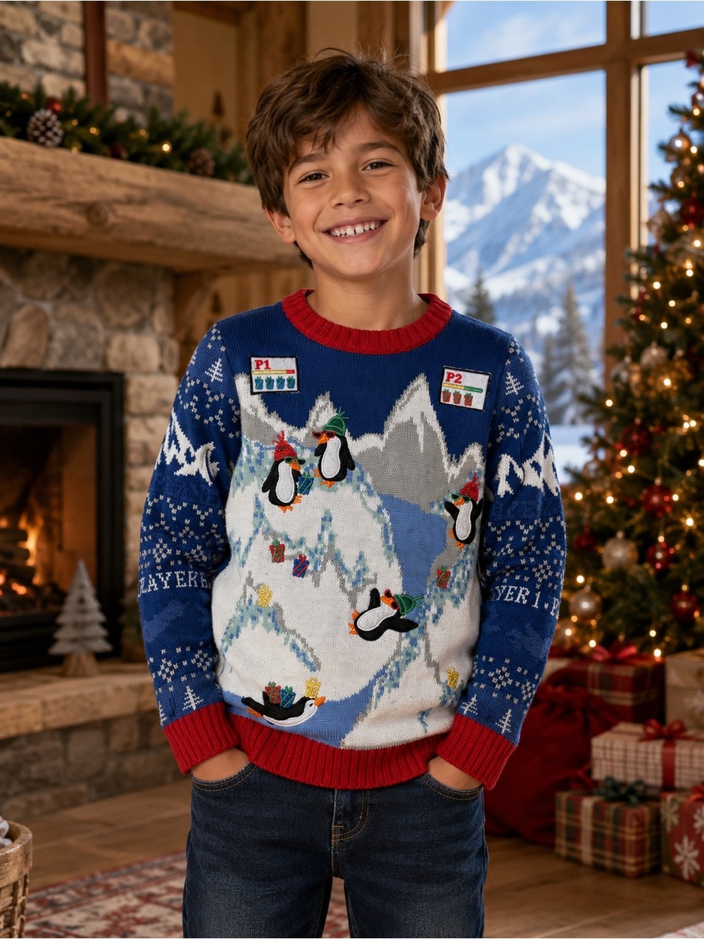 COZYCORE WINTER unisex child Sweater Penguin Blue sequin sz 8  **2 for 20*